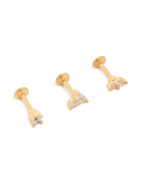 Gold Plated Surgical Steel Cubic Zirconia Round Flat Back Studs 3-Pack