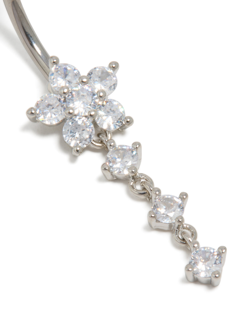 Detailed look at a titanium belly bar with floral charm featuring round cut cubic zirconia in silver and clear detail view