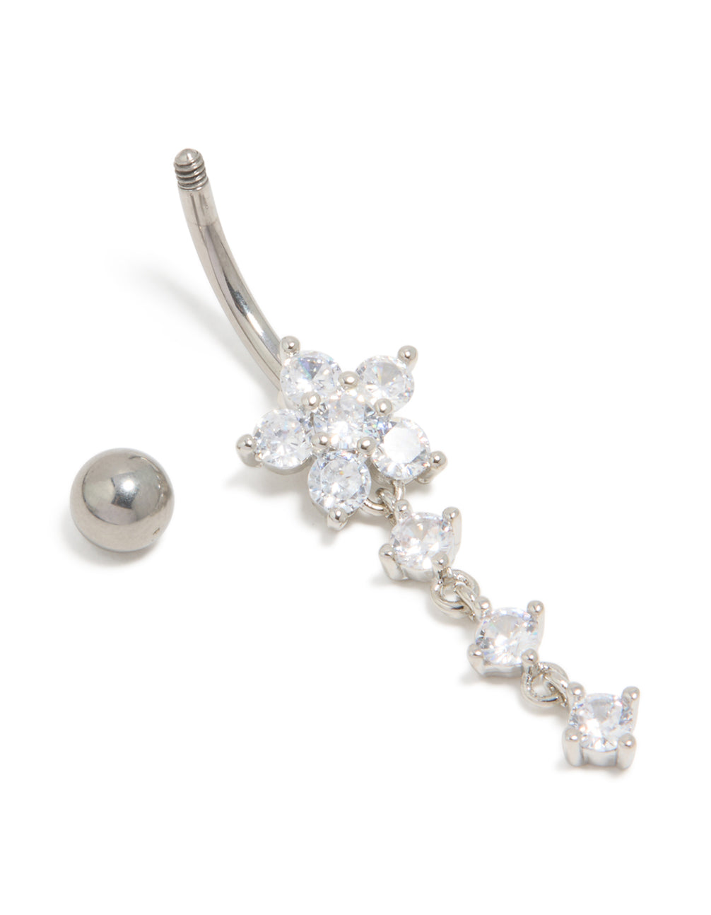 Crafted from titanium, this belly bar features & a floral charm with round cut cubic zirconia in silver and clear belly view