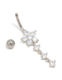 Crafted from titanium, this belly bar features & a floral charm with round cut cubic zirconia in silver and clear belly view - link has visual effect only