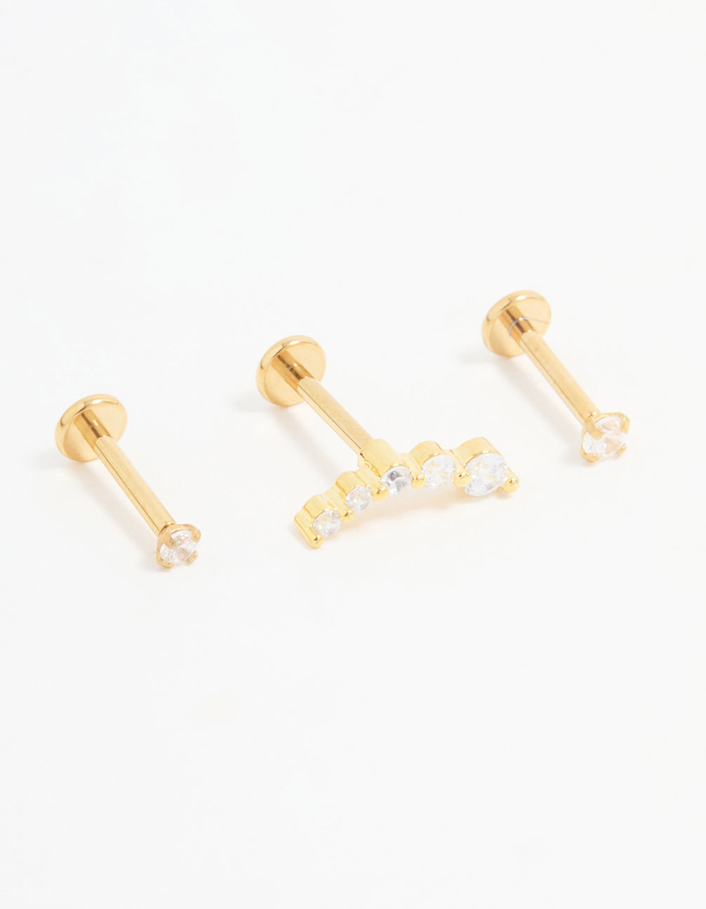 Gold Plated Titanium Cubic Zirconia Ball Flat Back Studs 3-Pack