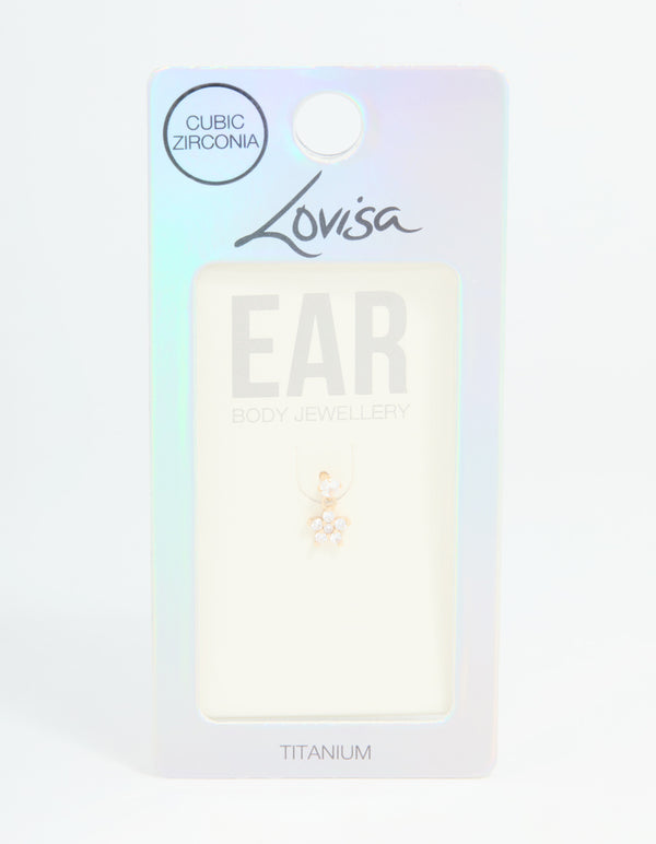 Gold Plated Titanium Cubic Zirconia Petal Flower Flat Back Stud