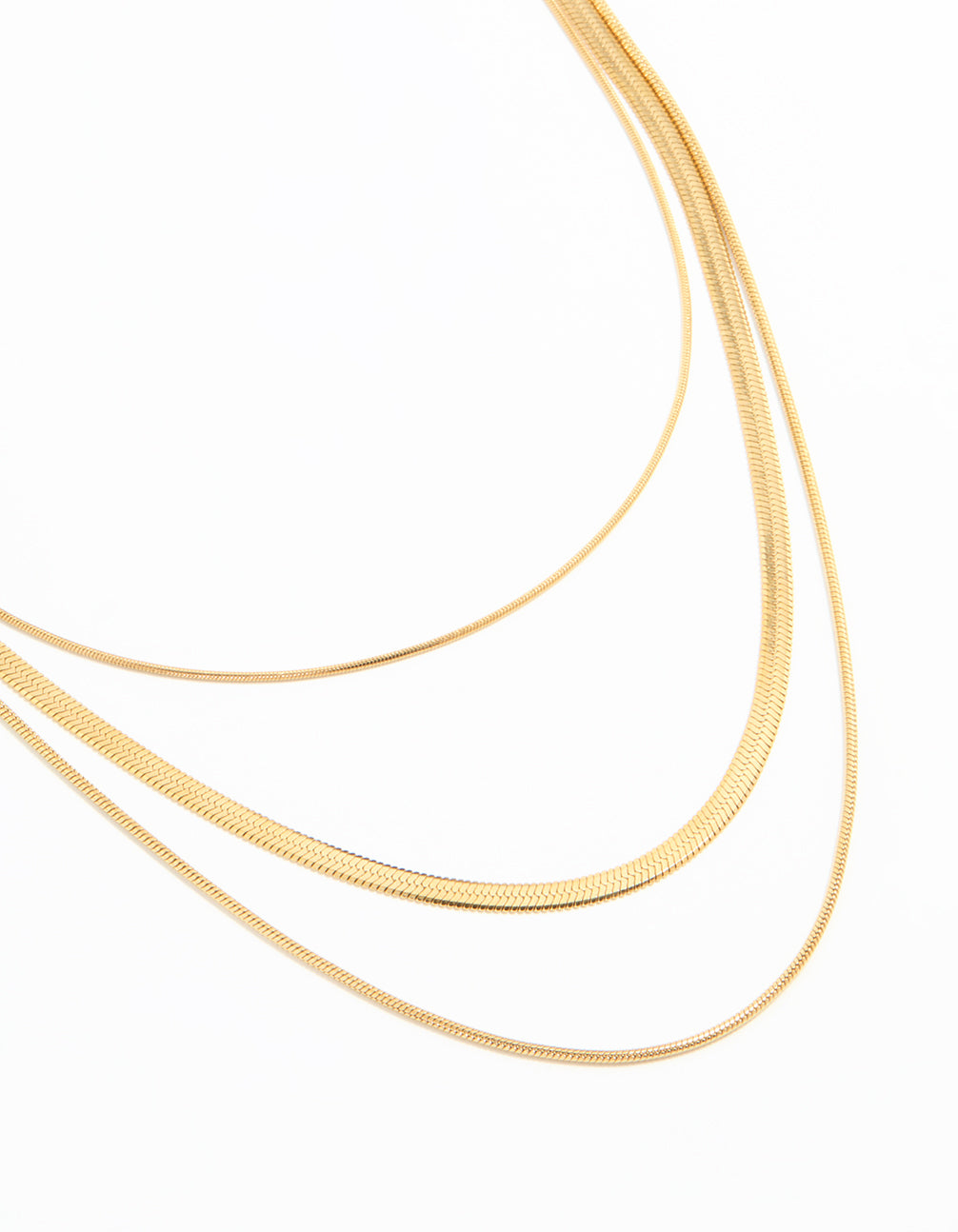 Featuring waterproof gold plated stainless steel chain layered necklace in gold close up view
