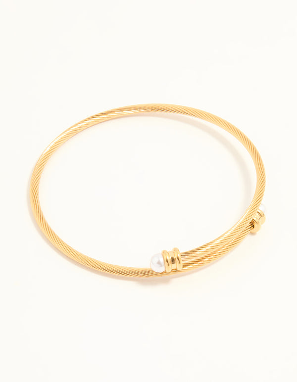 Waterproof Gold Plated Stainless Steel Pearl Twisted Bangle