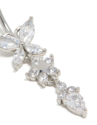 Crafted from surgical steel, this cubic zirconia triple flower belly bar features a butterfly design in clear stone and silver tones, close up view - link has visual effect only