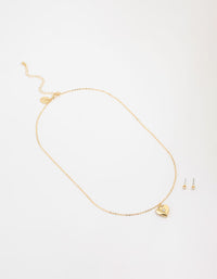 Gold Plated Cubic Zirconia Heart Locket Necklace & Stud Earrings Set - link has visual effect only