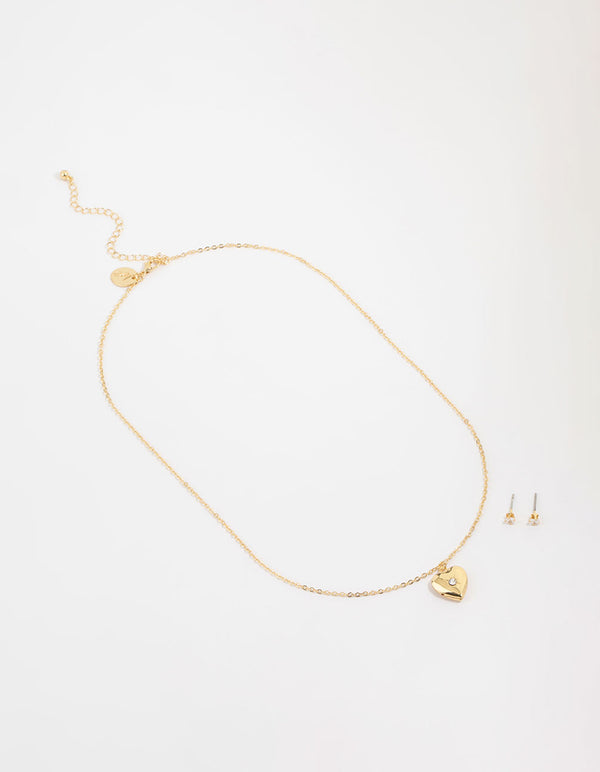 Gold Plated Cubic Zirconia Heart Locket Necklace & Stud Earrings Set