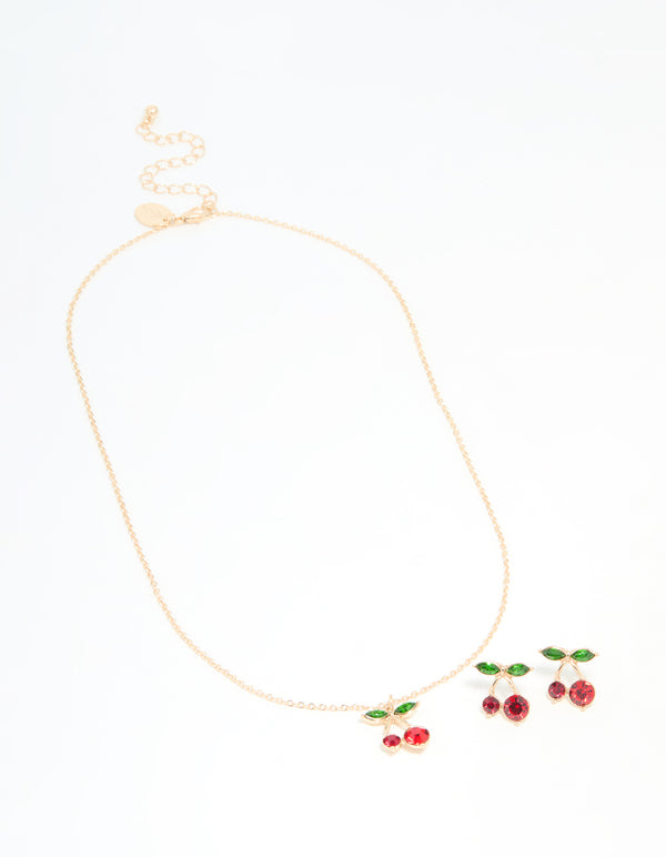 Gold Diamante Cherry Necklace & Earrings Set