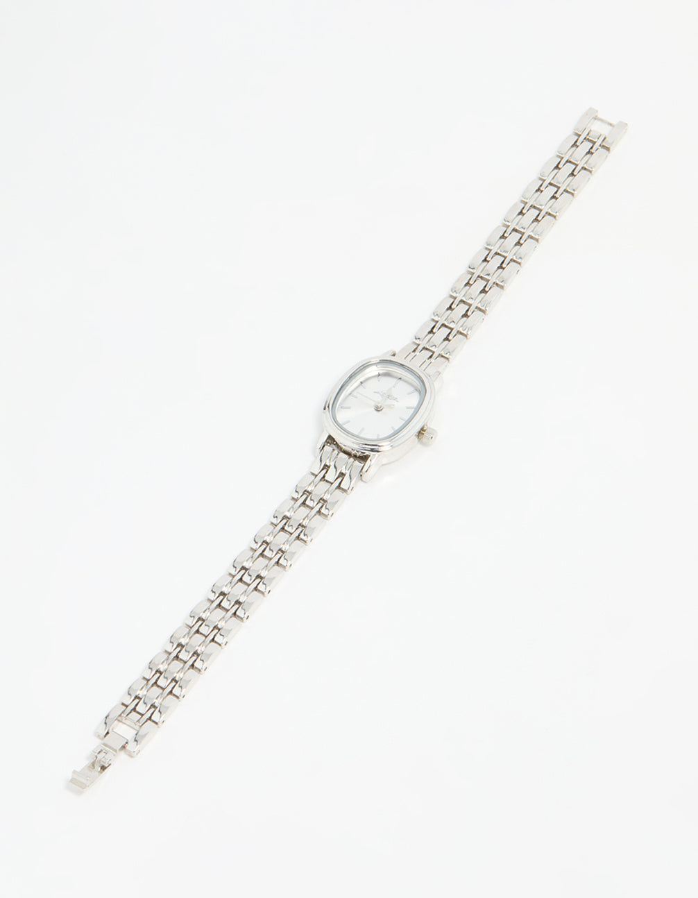 Explore a small oval watch featuring white dial, women's casual analog timepiece, link band in silver front view