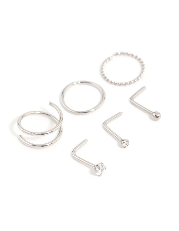 Surgical Steel Cubic Zirconia Simple Mixed Nose Ring & Stud 6-Pack