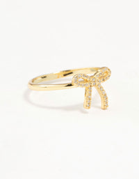 Beautifully crafted bow ring with cubic zirconia in gold plated sterling silver front view - link has visual effect only