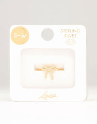 Elegantly designed cubic zirconia in gold plated sterling silver ring featuring bow detail close up view - link has visual effect only