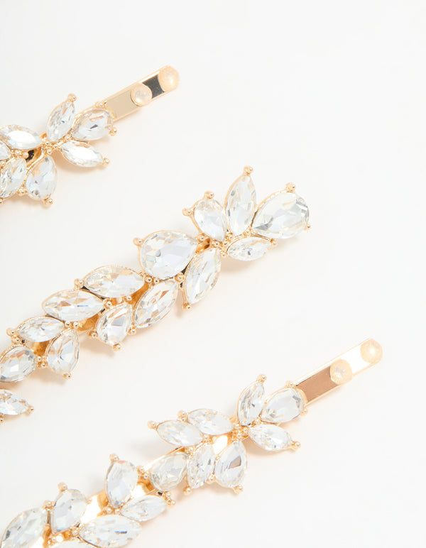 Gold Diamante Leafy Hair Slides 4-Pack