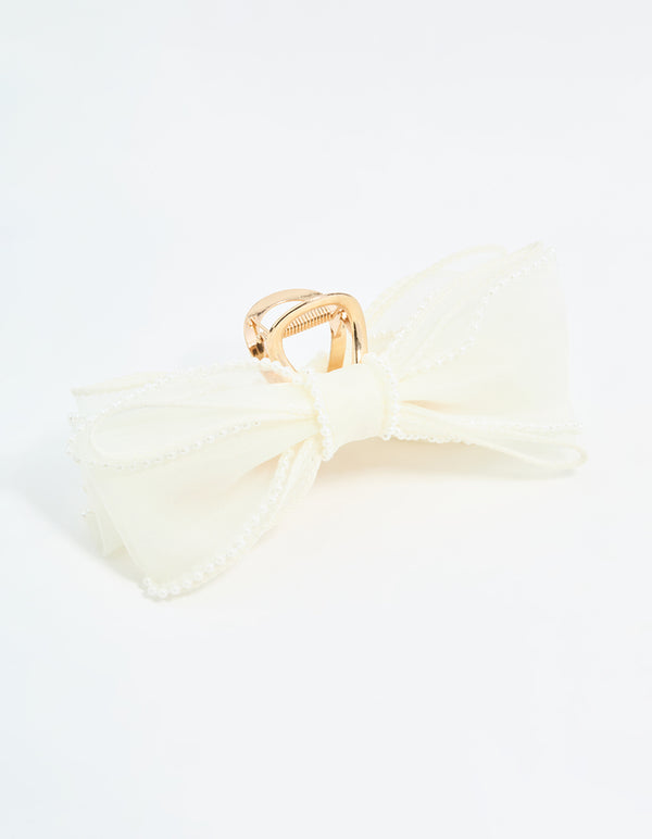 White Organza Fabric & Pearl Bow Claw Clip