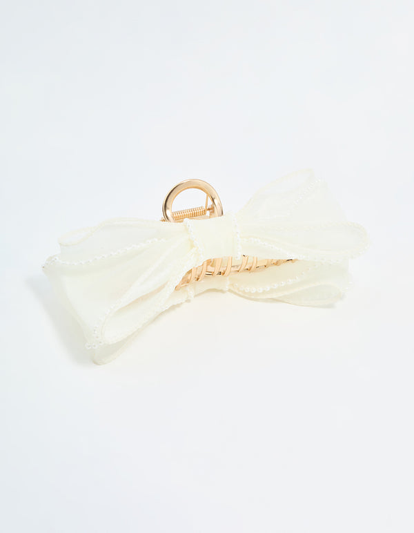 White Organza Fabric & Pearl Bow Claw Clip