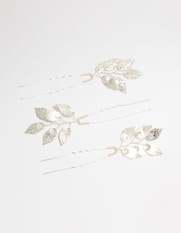 Silver Metal Leaf Hair Pins 3-Pack