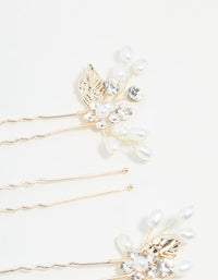 Gold Diamante Flower & Pearl Bobby Pins 3-Pack - link has visual effect only