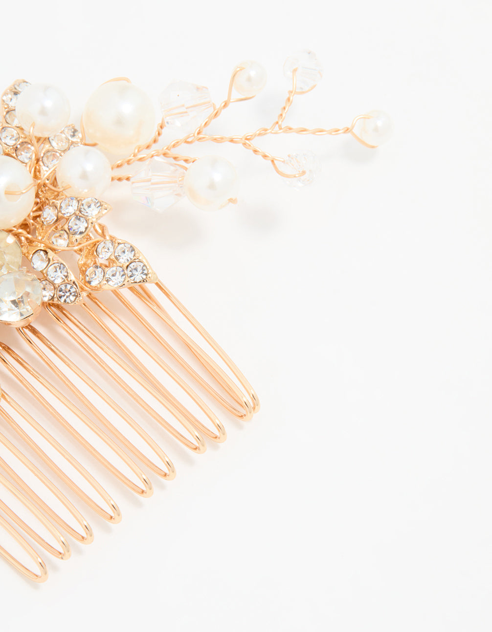 Rose Gold Diamante & Pearl Leaf Hair Comb