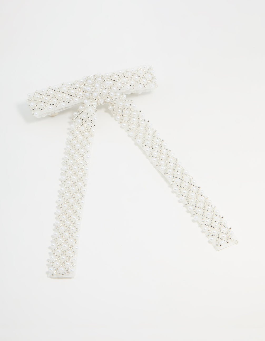 White Fabric Beaded Bow Clip