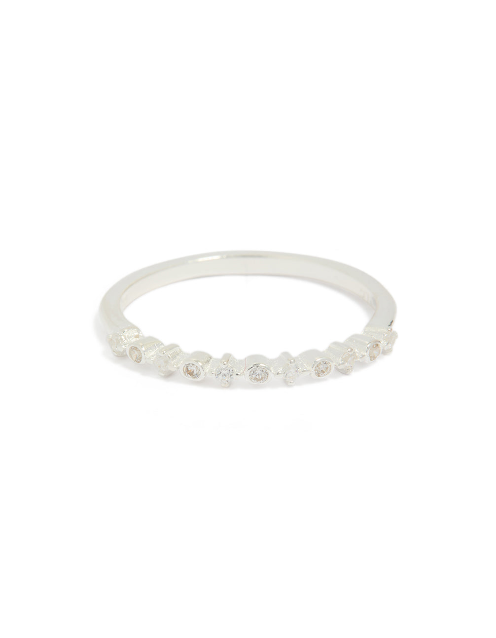 Designed with sterling silver, this circle pave ring in clear stone features close up view