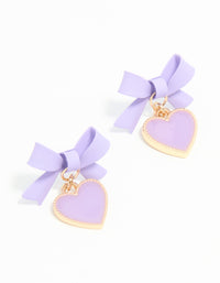 Gold Light Purple Coated Metal Bow Heart Drop Stud Earrings - link has visual effect only