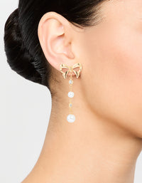 Gold Diamante Bow Pearl Drop Earrings - link has visual effect only