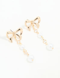 Gold Diamante Bow Pearl Drop Earrings - link has visual effect only