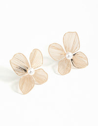 Gold Pearl Textured Flower Stud Earrings - link has visual effect only