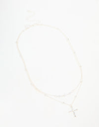 Silver Beaded Diamante Cross Layered Necklace - link has visual effect only