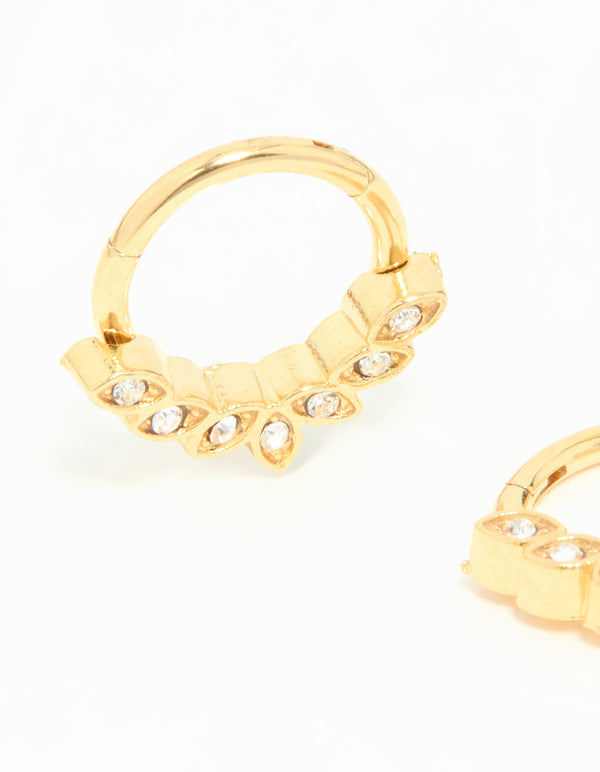 Gold Plated Surgical Steel Cubic Zirconia Leaf Clicker Sleeper Hoop Earrings