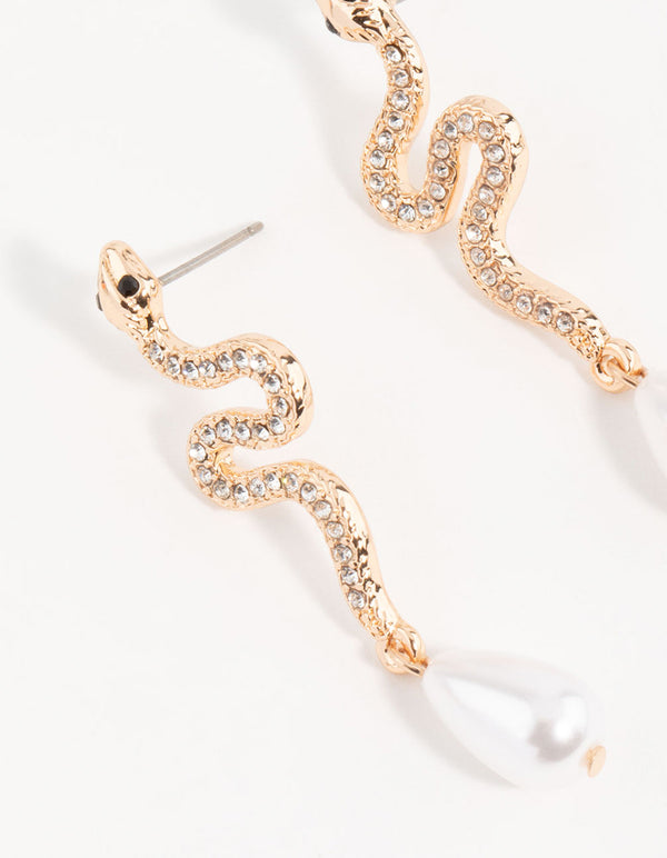 Gold Diamante & Pearl Snake Drop Earrings