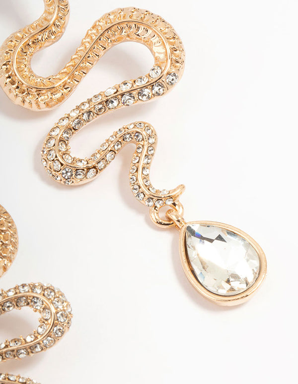 Gold Diamante Snake Drop Earrings