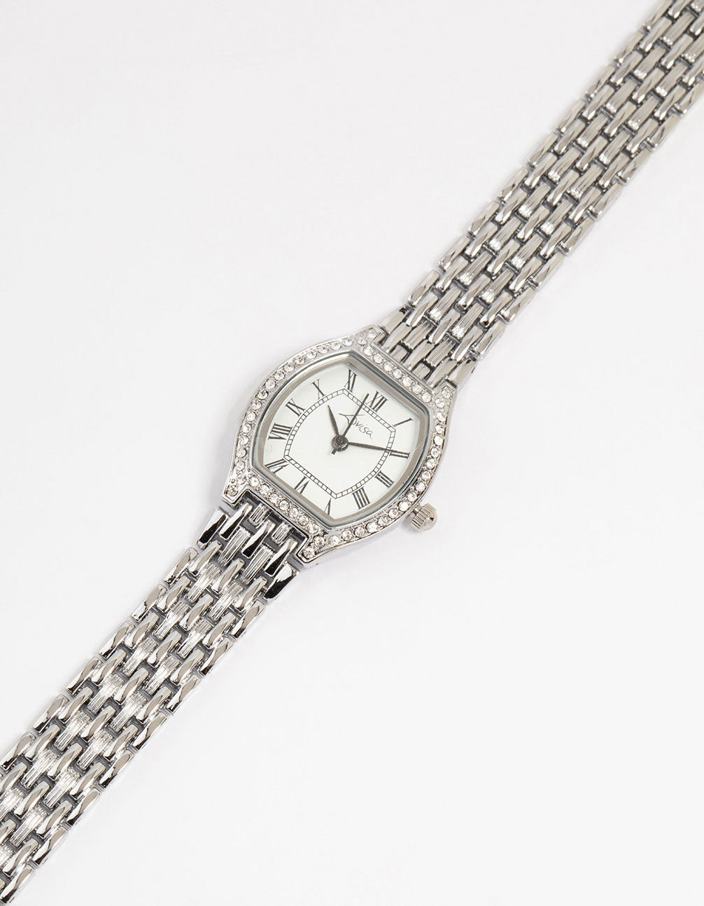Elegant diamante timepiece featuring white dial, roman numeral look, women's formal analog design, and link band in silver watch face detail view