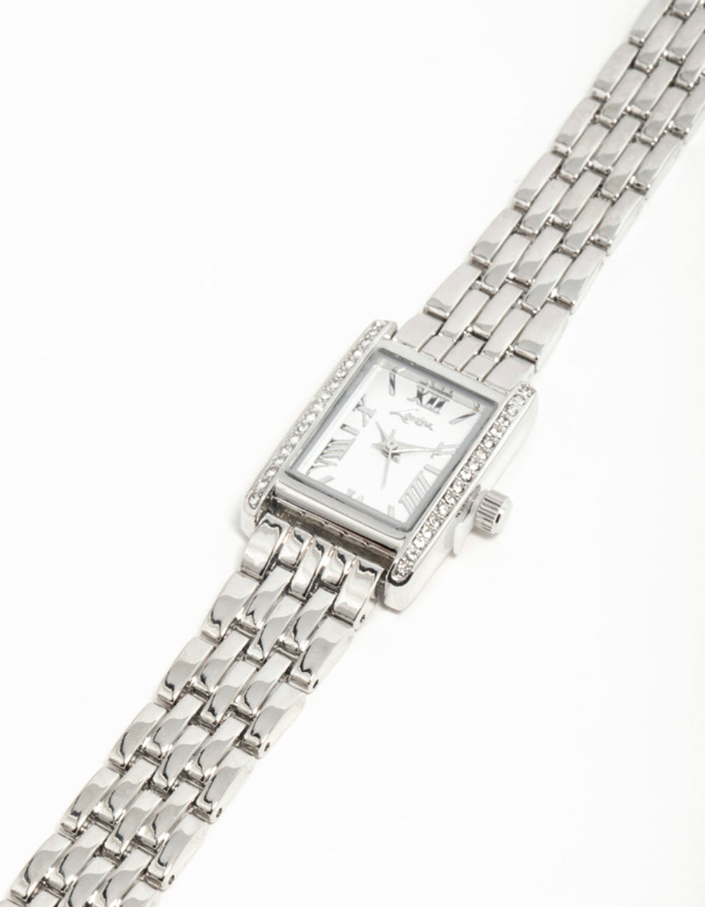 Discover this silver diamante roman numeral enamel rectangle watch featuring a white dial with roman look, rectangular shape designed for women, formal occasion analog timepiece with link band in silver strap color watch face detail view