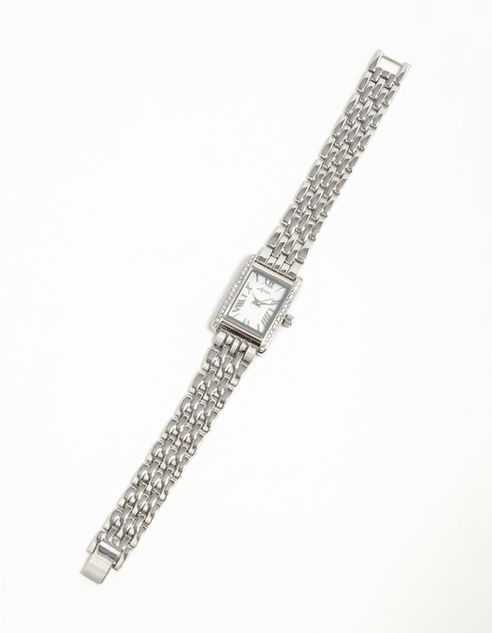 Explore this silver diamante roman numeral enamel rectangle watch with white dial featuring a roman look, rectangular shape designed for women, formal occasion analog timepiece with link band in strap color front view