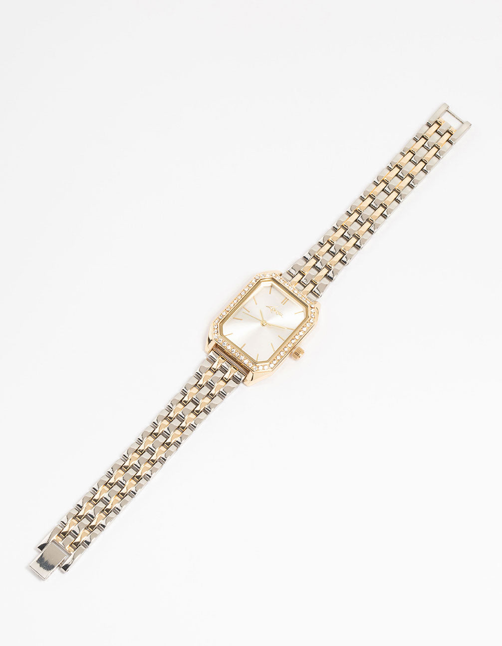 Showcasing a mixed metals diamante medium rectangle watch featuring white dial look with clear stones, women's formal analog timepiece on multi-color link band watch front view