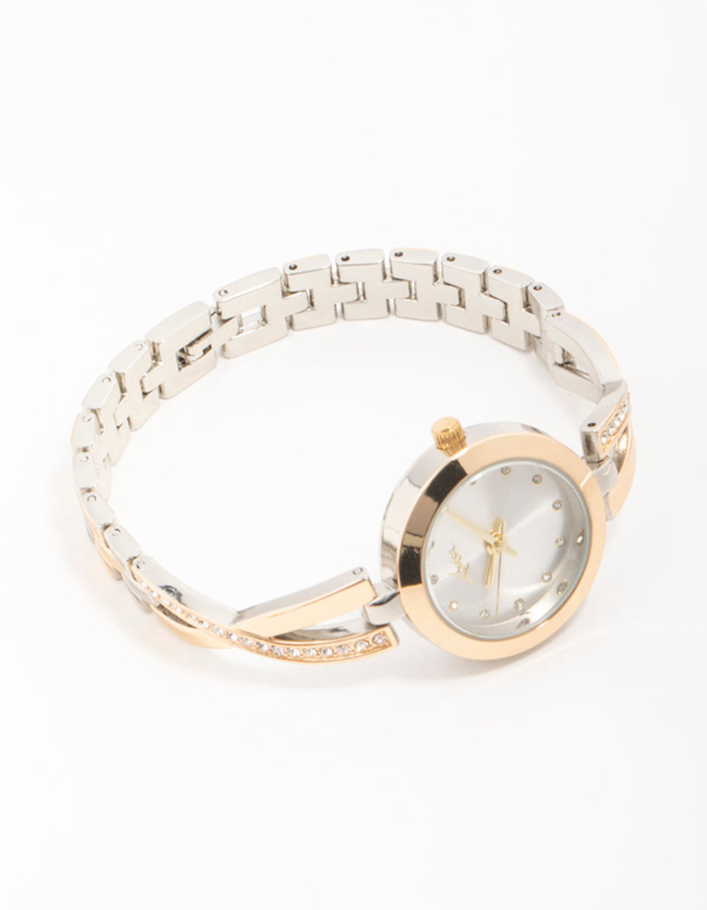 Showcasing a mixed metals diamante small round watch for women with geometric charm, white stone dial, formal occasion wear, multi-color link band, analog type watch face detail view