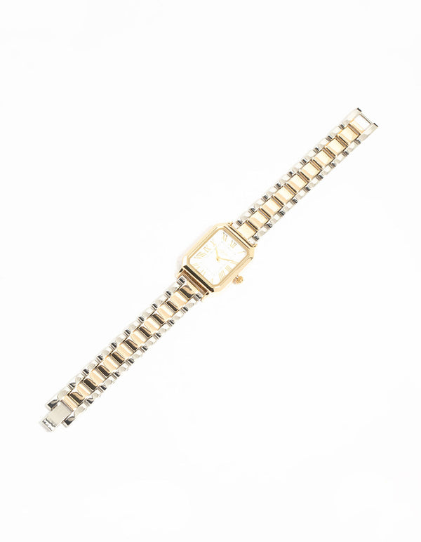 Mixed Metals Rectangle Roman Numeral Watch