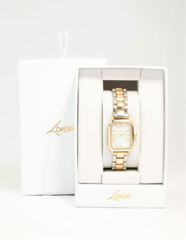 Mixed Metals Rectangle Roman Numeral Watch