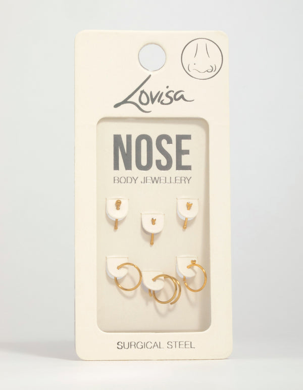 Gold Plated Surgical Steel Cubic Zirconia Bezel Nose Piercings 6-Pack