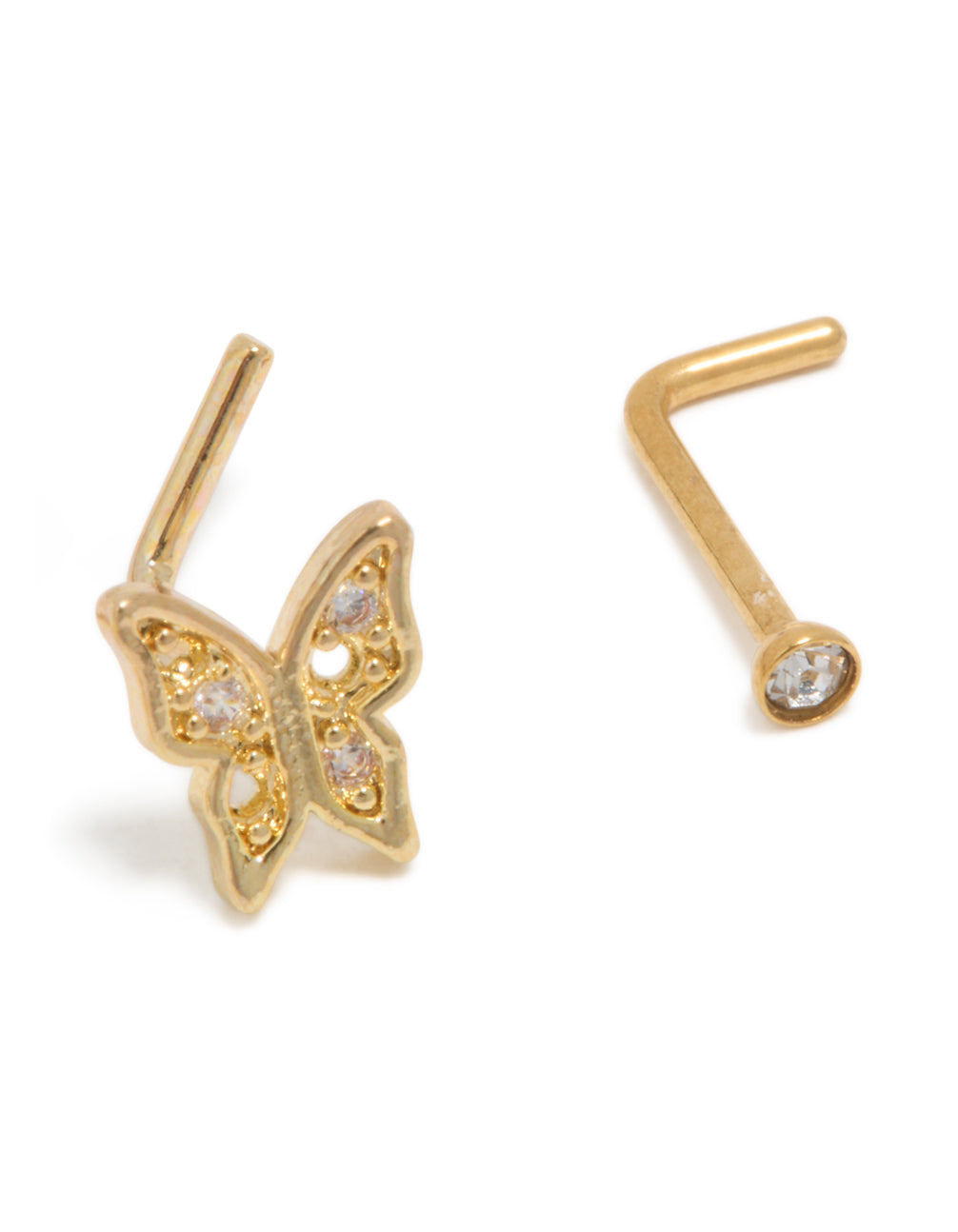This gold plated butterfly nose piercing 3-pack features balls crafted from surgical steel with cubic zirconia crystal and stud closure side view