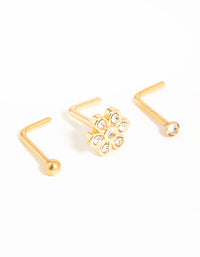 Gold Plated Surgical Steel Cubic Zirconia Flower Nose Piercings 3-Pack - link has visual effect only