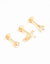 Gold Plated Surgical Steel Cubic Zirconia Butterfly Flat Back Studs 3-Pack - link has visual effect only
