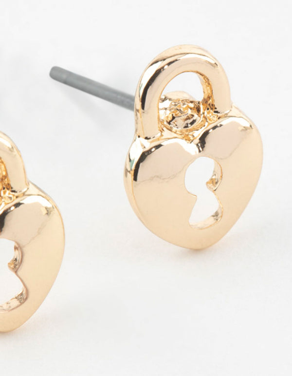Gold Heart Lock Textured Stud Earrings