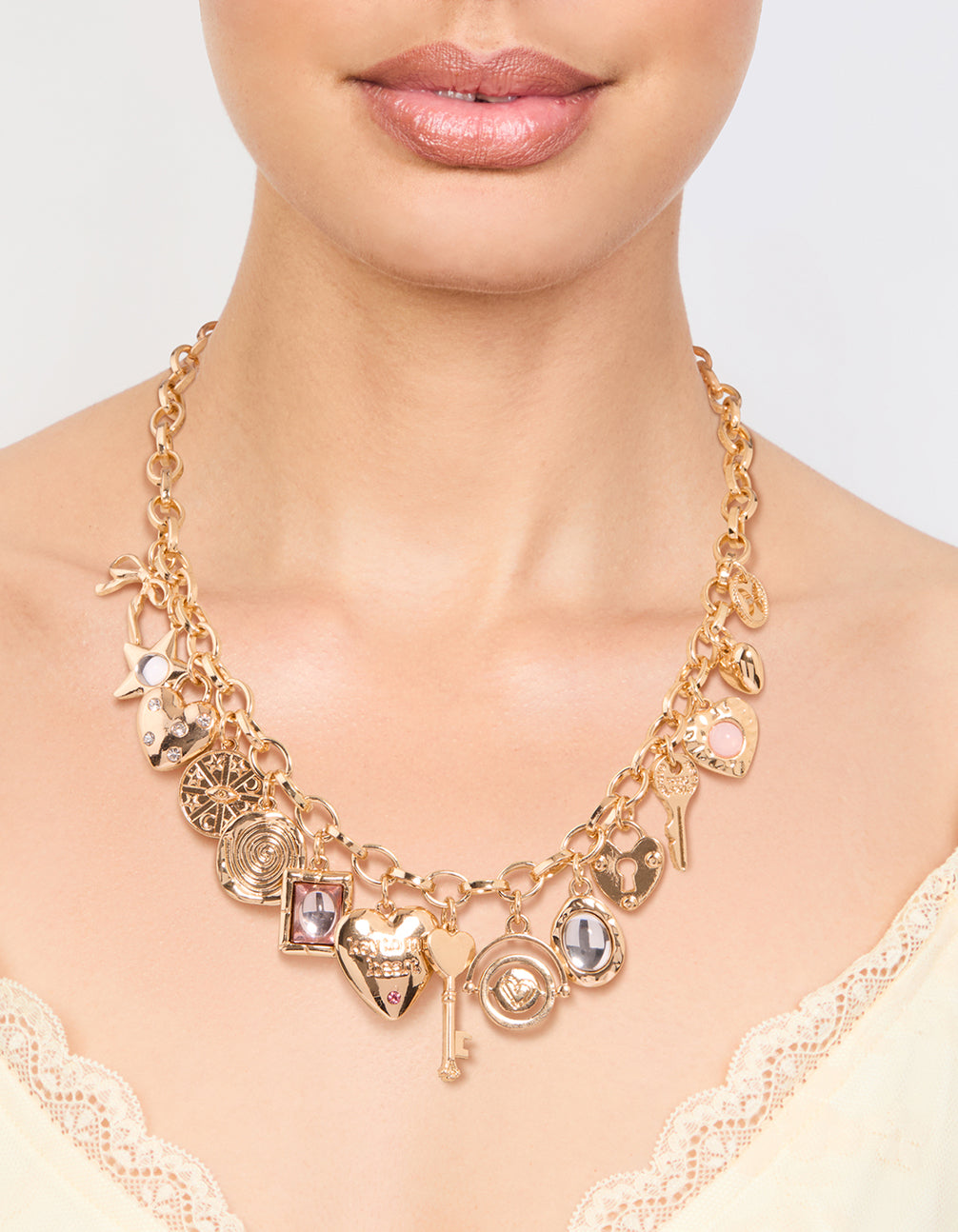 Gold Heart & Key Charm Necklace