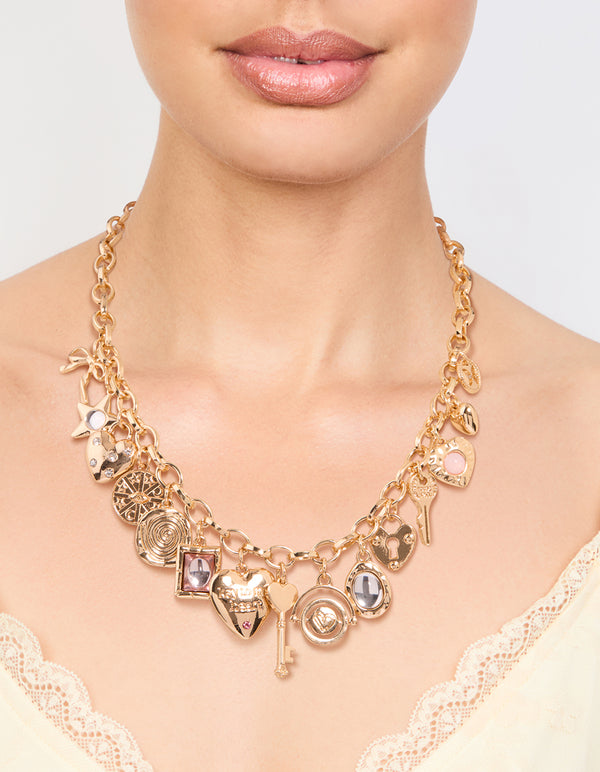 Gold Heart & Key Charm Necklace