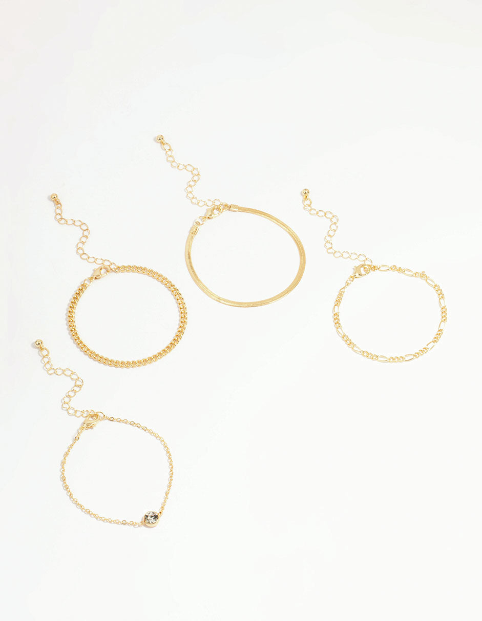 Gold Diamante Mixed Chain Bracelets 4-Pack