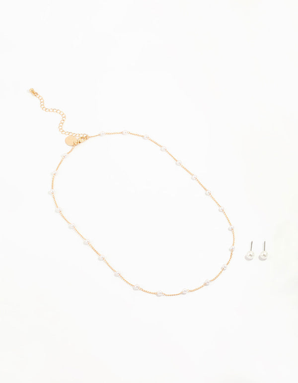 Gold Pearl Station Necklace & Earrings Set
