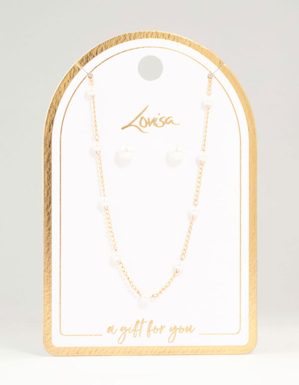 Gold Pearl Station Necklace & Earrings Set