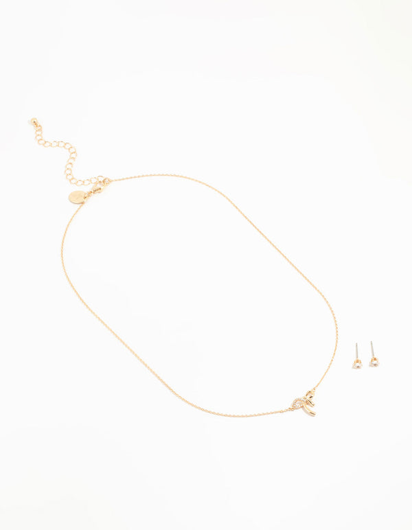 Rose Gold Cubic Zirconia Bow Necklace & Earrings Set